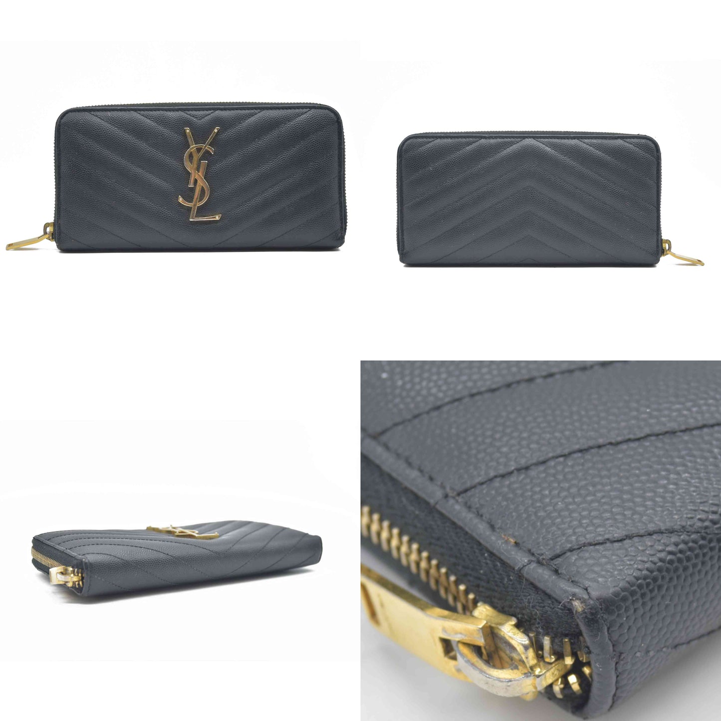 $950 Saint Laurent Grain De Poudre Matelasse Chevron Monogram Zip Around Wallet Black 2015
