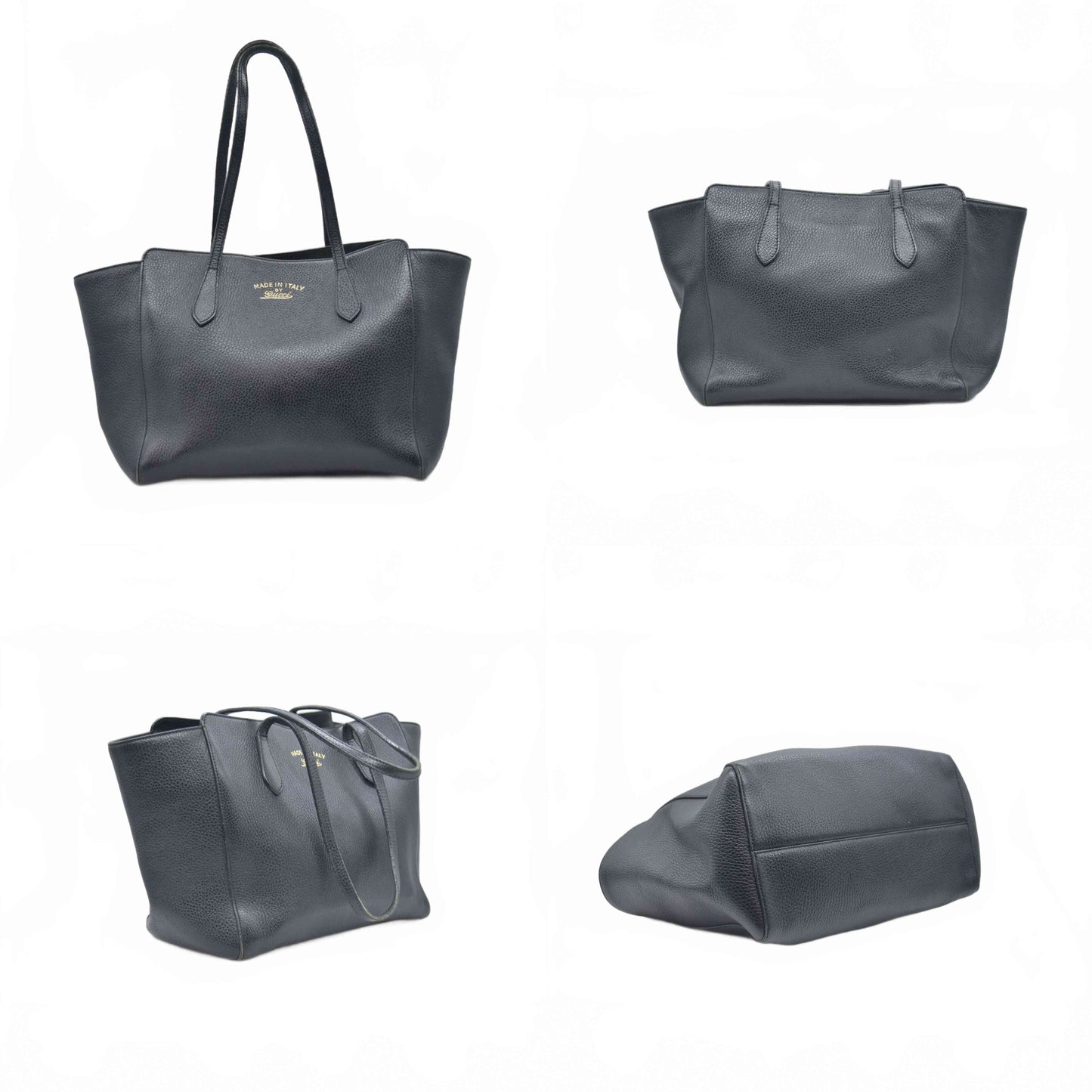 $1100 Gucci Pebbled Calfskin Small Swing Tote Black