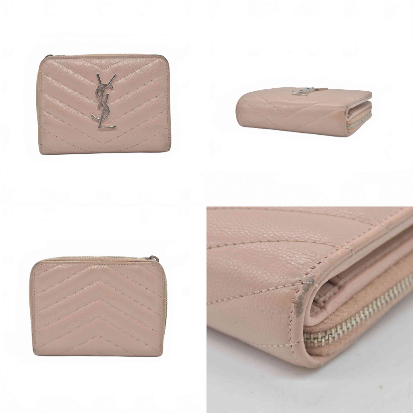 $625 Saint Laurent Grain De Poudre Matelasse Chevron Monogram Compact Zip Around Wallet Pink