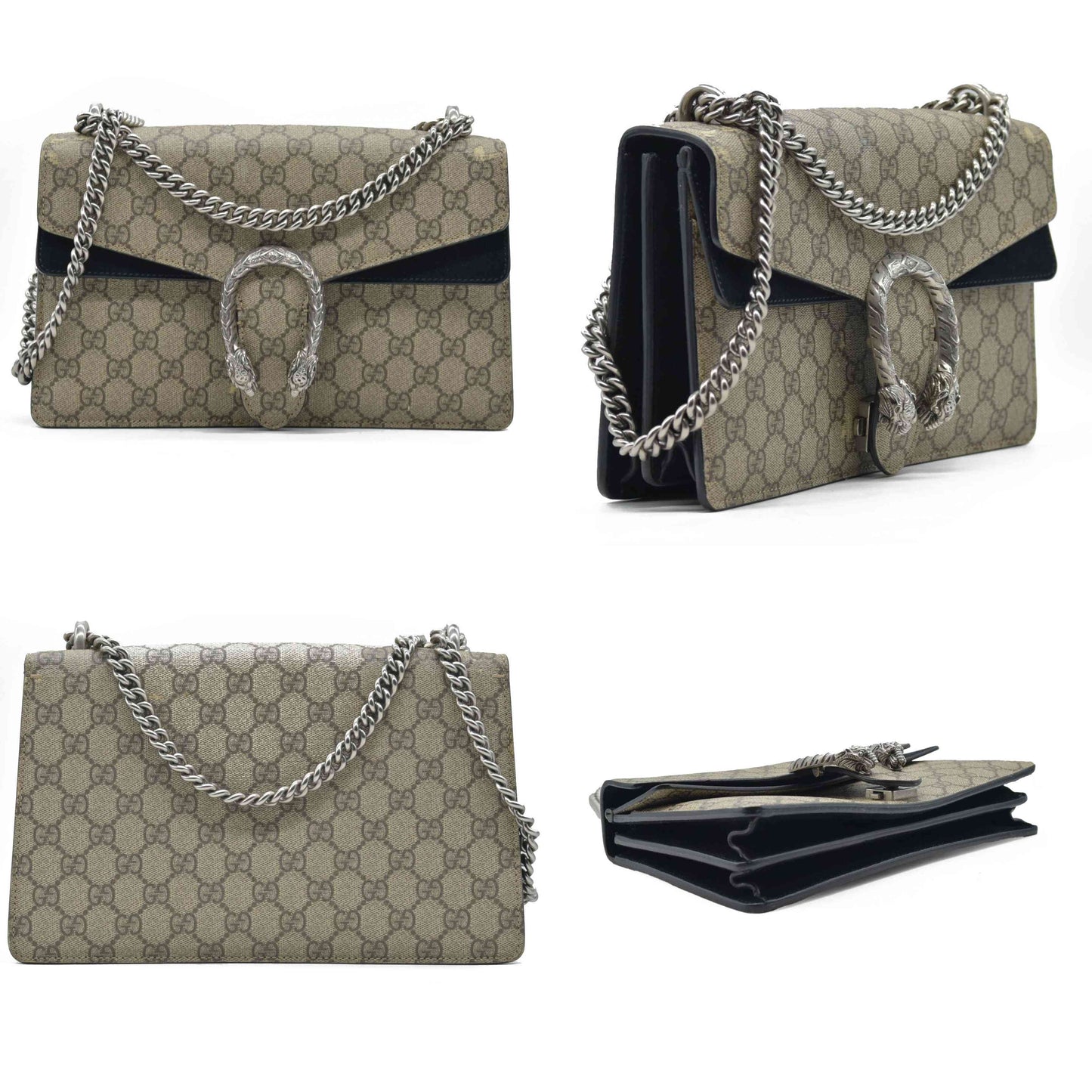 $3350 Gucci GG Supreme Monogram Small Dionysus Shoulder Bag Black