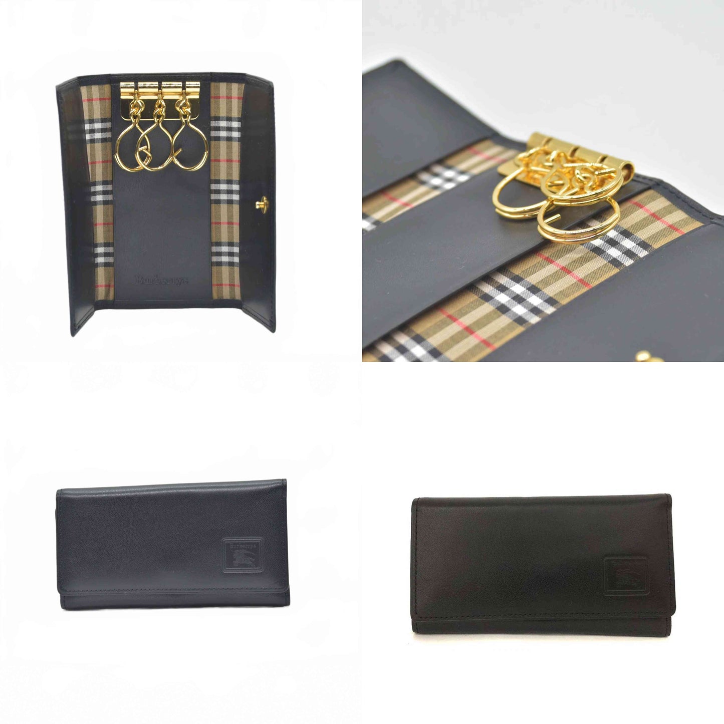 $280 Burberry House Check Leather 3 Ring Key Case Black