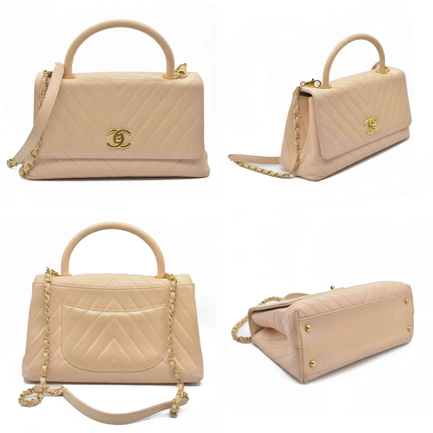 $7300 Chanel  Calfskin Chevron Quilted Medium Coco Handle Flap Beige