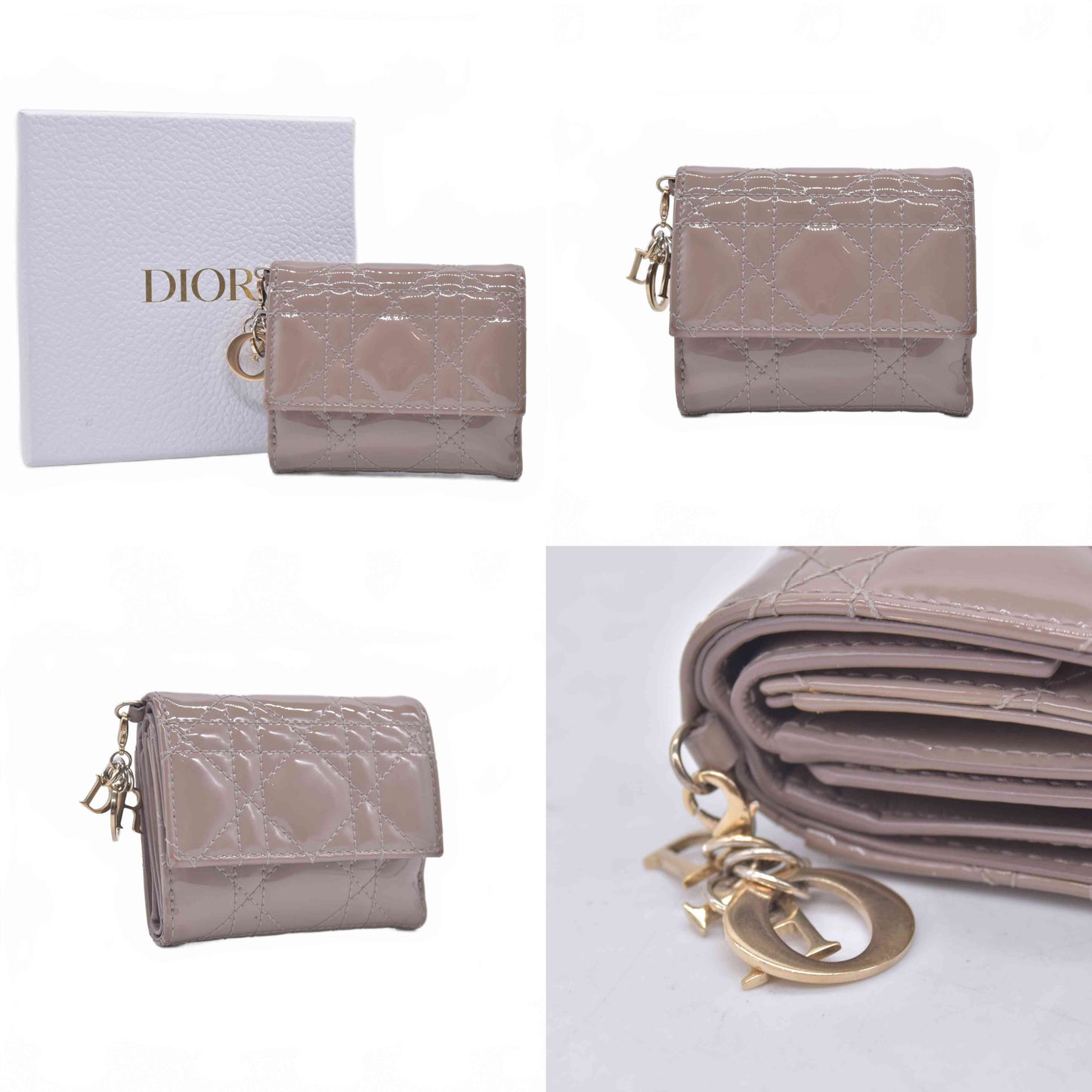 $600 Christian DIOR Cannage Patent Leather Trifold Compact Wallet