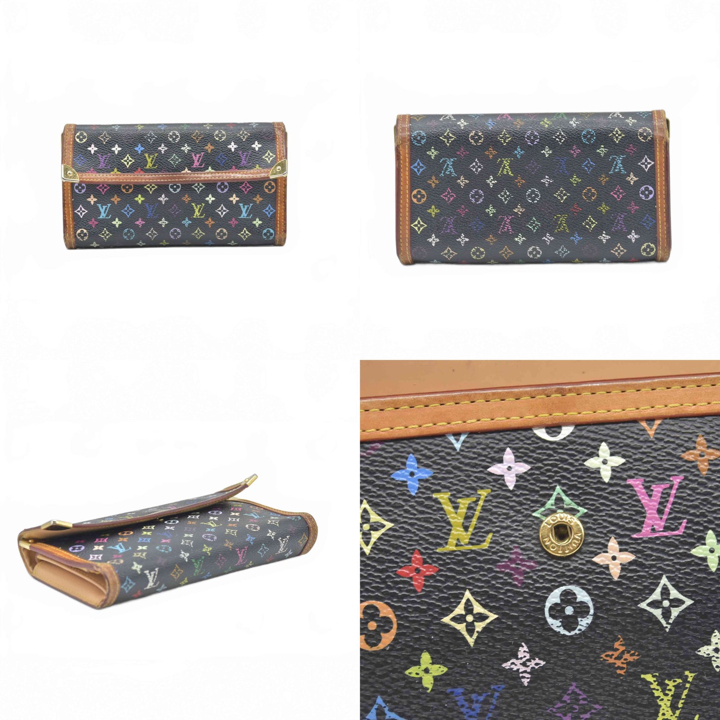 $720 2005 Louis Vuitton Monogram Multicolor Porte Tresor International Wallet Black TH0065
