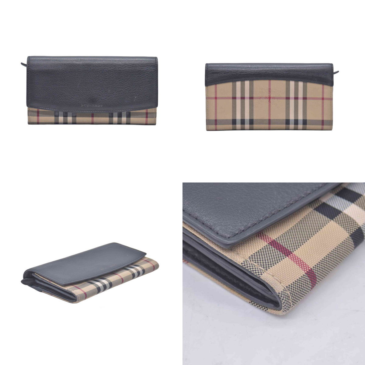 $1090 Burberry House Check and Leather Flap Wallet / Wallet on Chain CONSIGNMENT