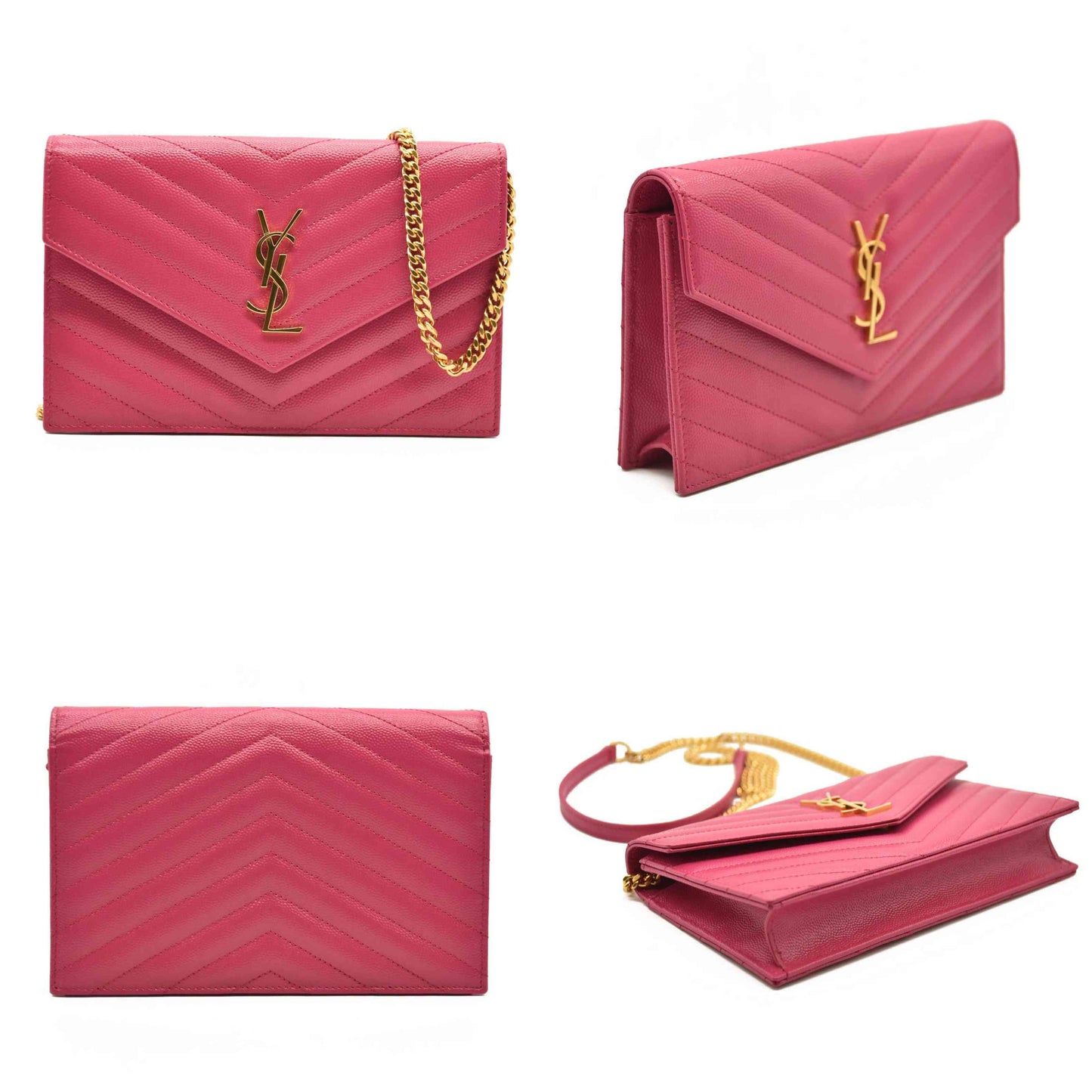 SAINT LAURENT Grain De Poudre Matelasse Chevron Monogram Chain Wallet Hot Pink