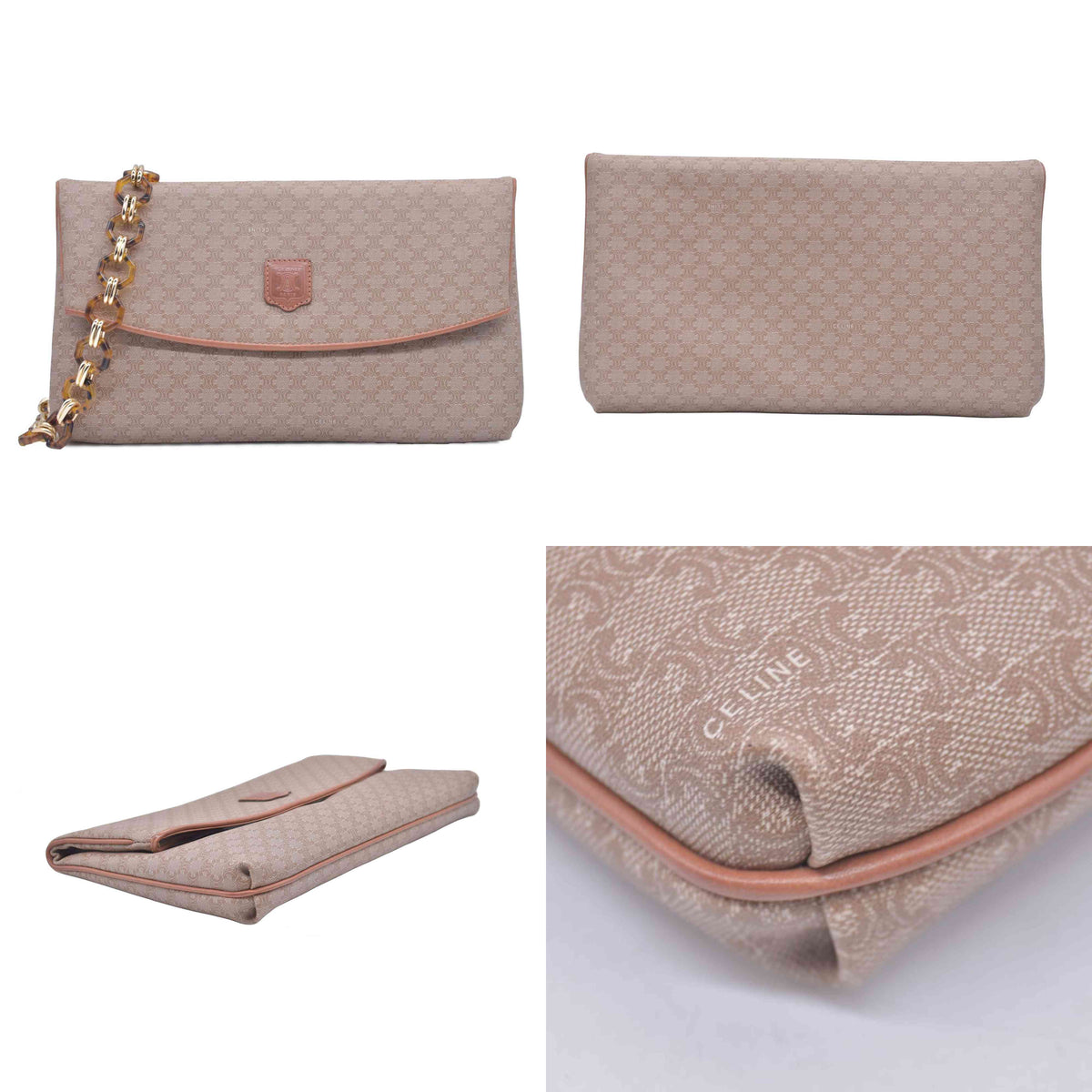$1150 CELINE Macadam Coated Canvas Flap Clutch Shoulder Bag Tan CONSIGNMENT 10021233