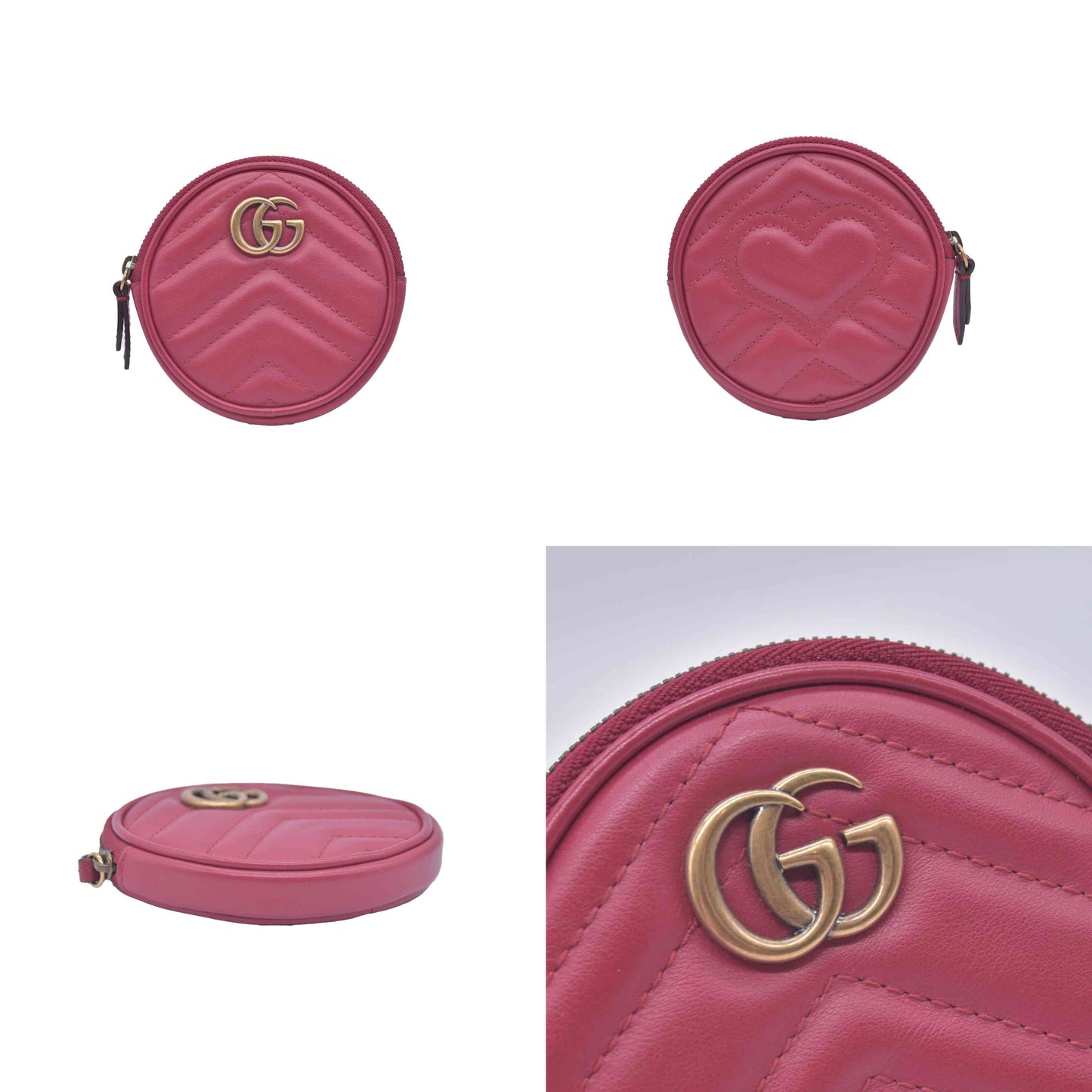 $470 Gucci Glazed Calfskin Matelasse Heart Mini GG Marmont Round Pouch Romantic Cerise CONSIGNMENT