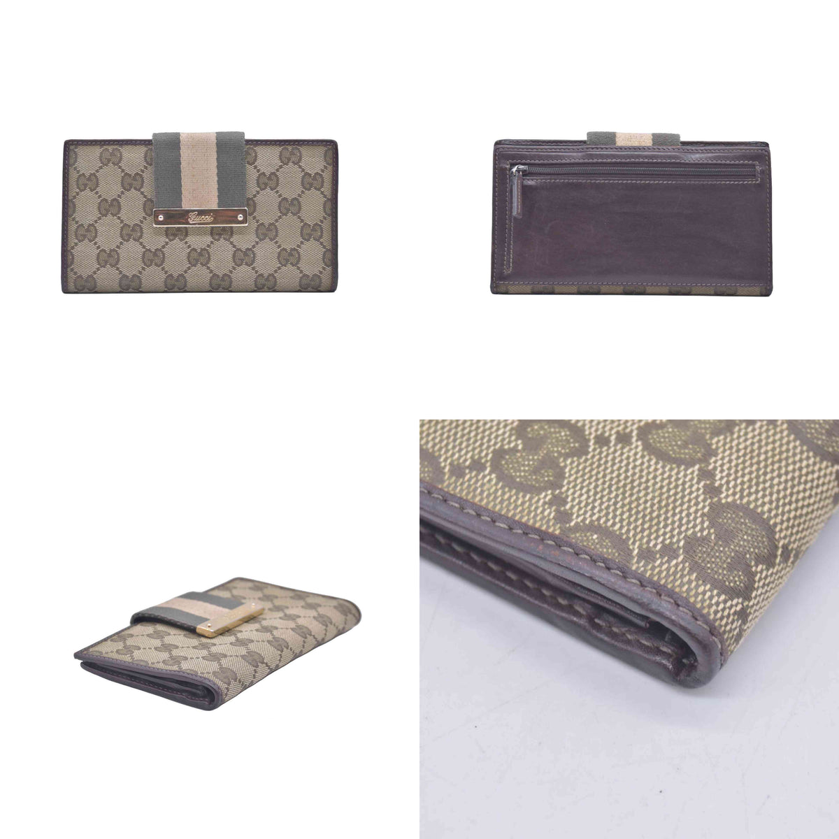 $595 Gucci Beige Green GG Canvas Web Continental Wallet CONSIGNMENT 10021150