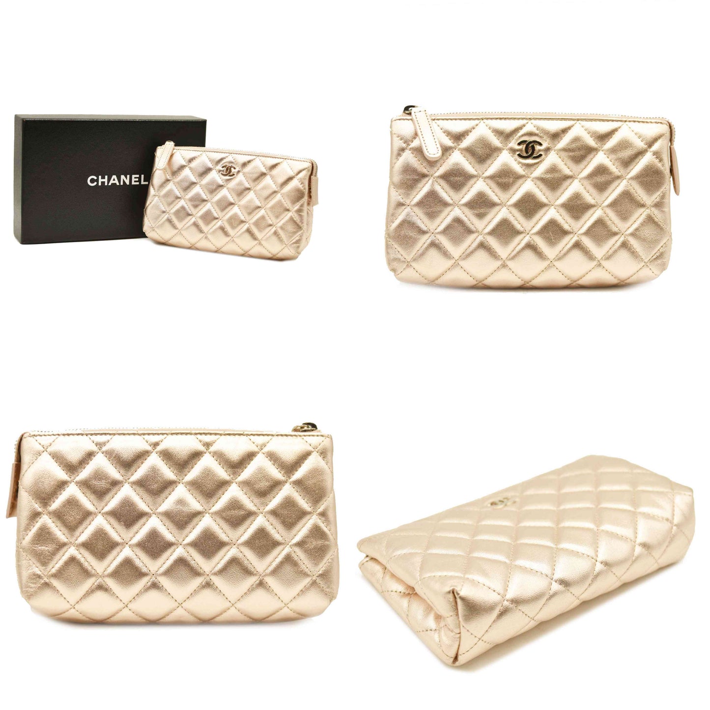 Chanel  Metallic Lambskin Quilted Cosmetic Pouch Gold