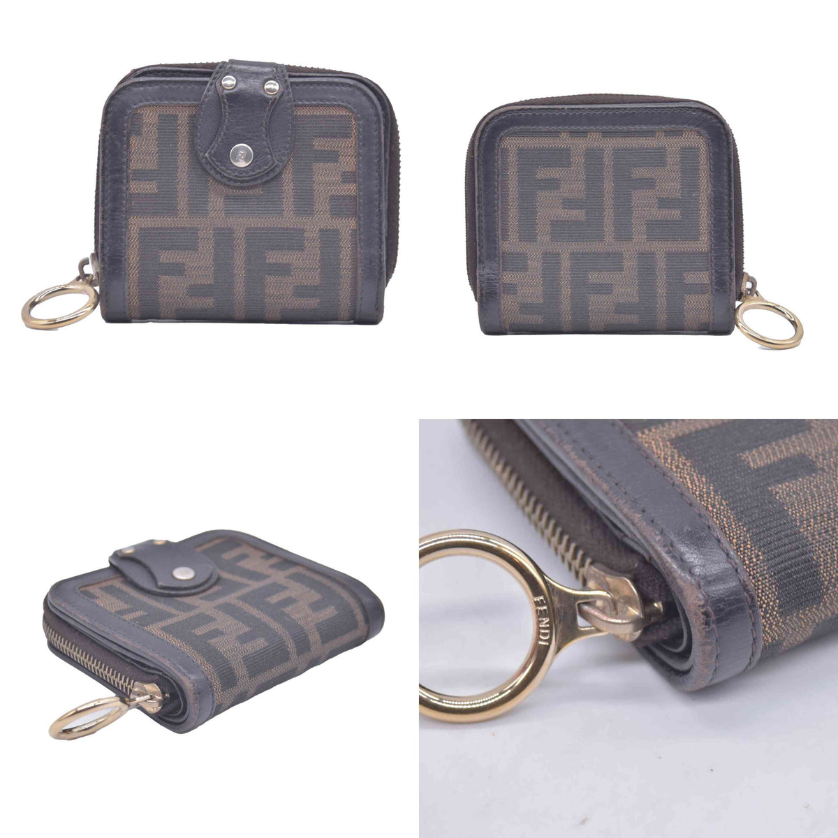 $650 Fendi Zucca Canvas Compact Zip Around Wallet CONSIGNMENT