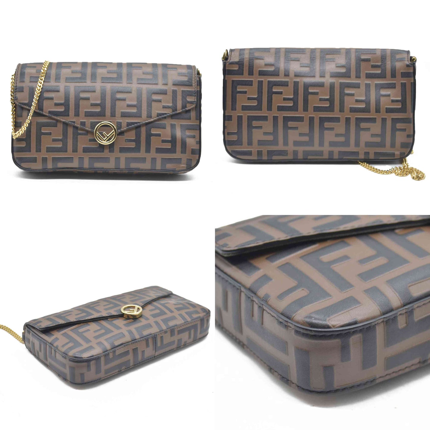 $1600 Fendi Vitello Soft F is Fendi Bi-Color FF 1974 Embossed Envelope Wallet On Chain with Pouches Maya Black