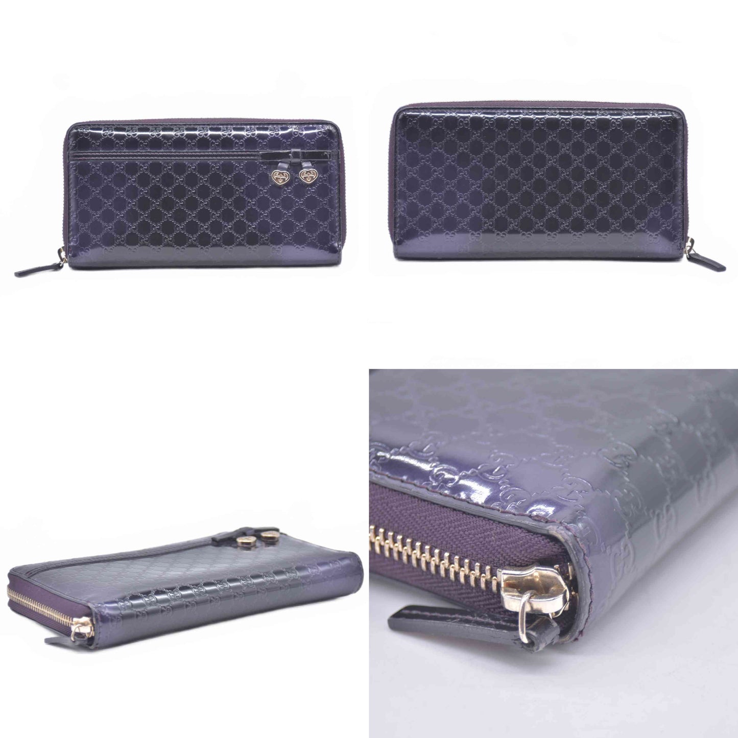 $595 Gucci Guccissima Metallic Micro GG Zip Around Wallet Purple CONSIGNMENT