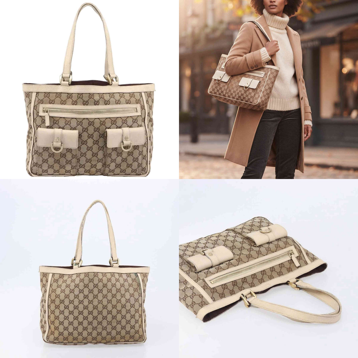 $1050 Gucci Beige/White GG Canvas Abbey Pocket Tote Bag