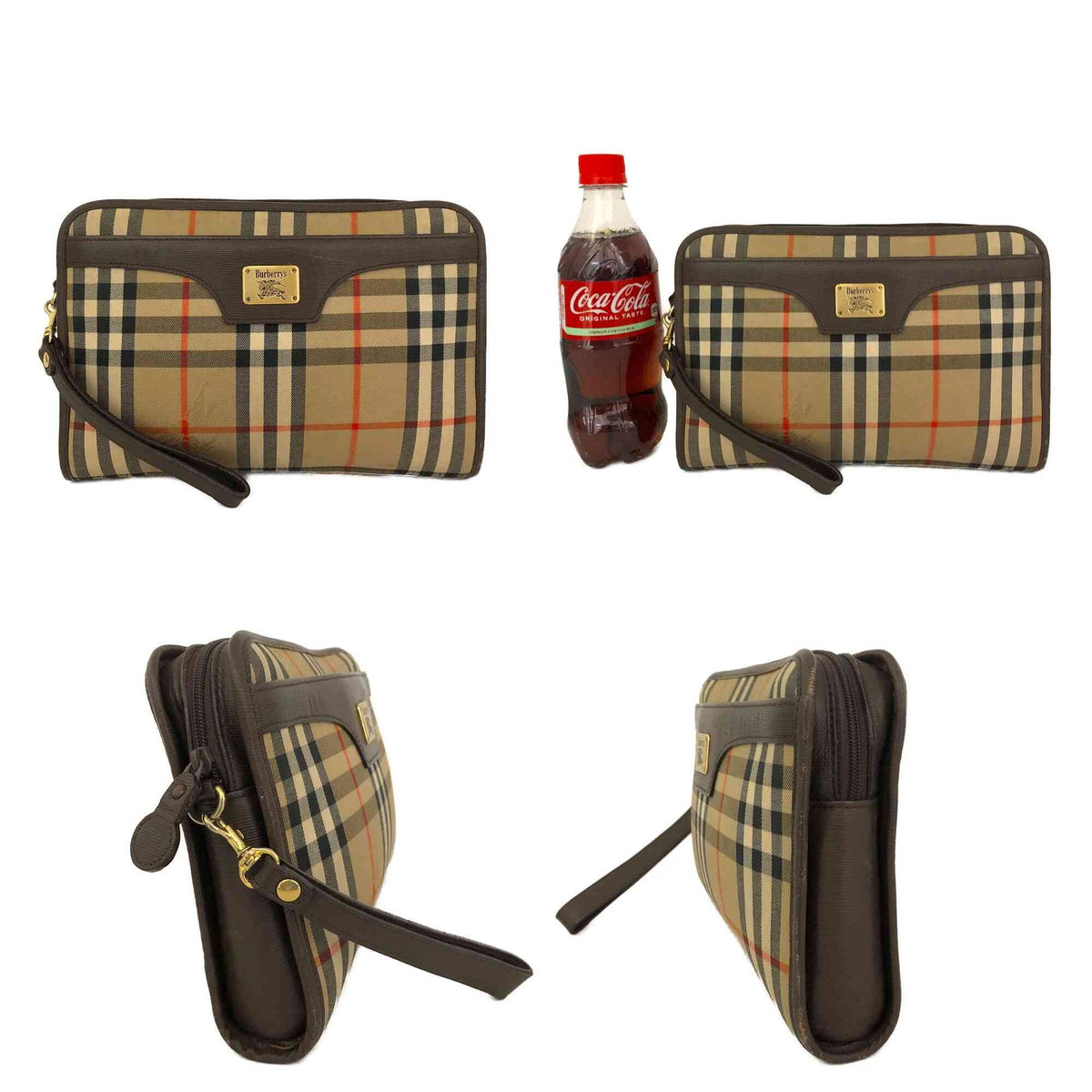 $450 Burberrys Horse Logo Check Canvas Clutch Bag Beige