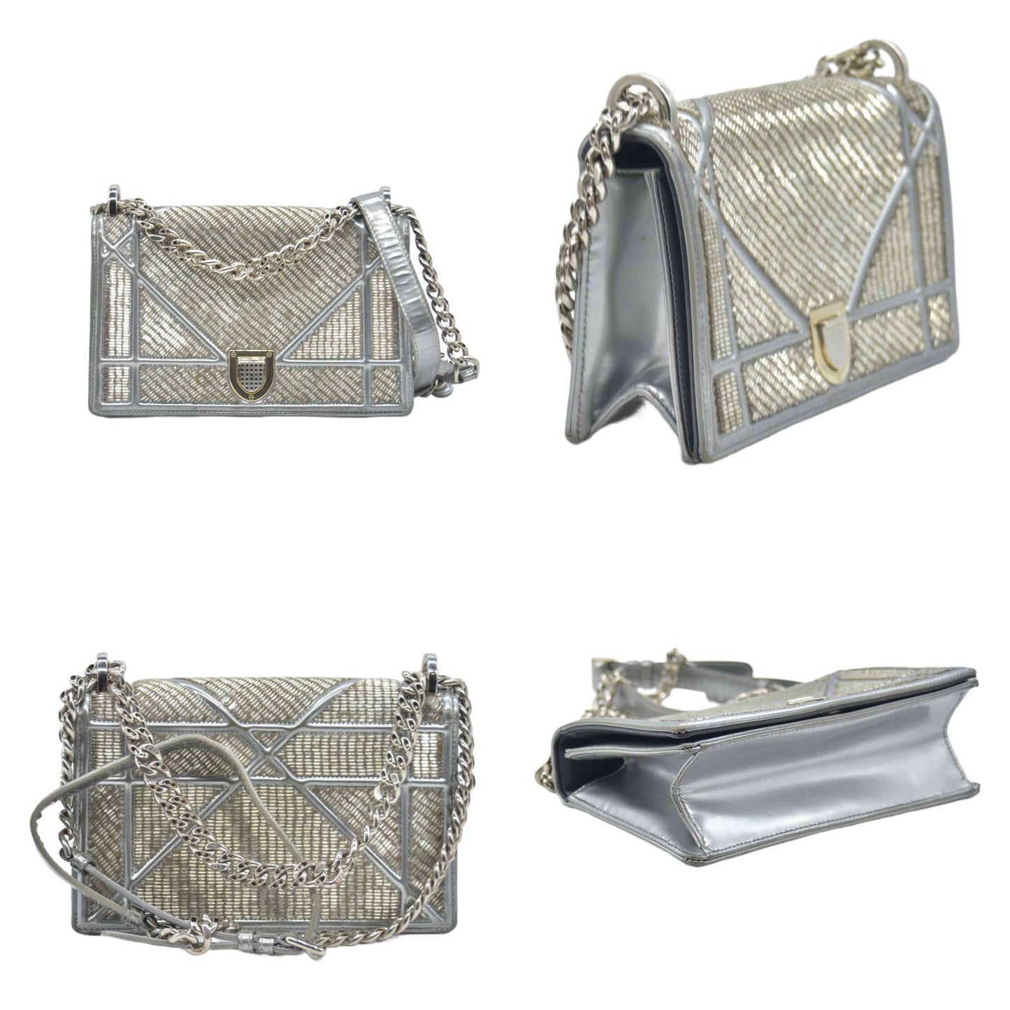 $3500 2016 CHRISTIAN DIOR Diorama Flap Bag Beaded Leather Small Silver