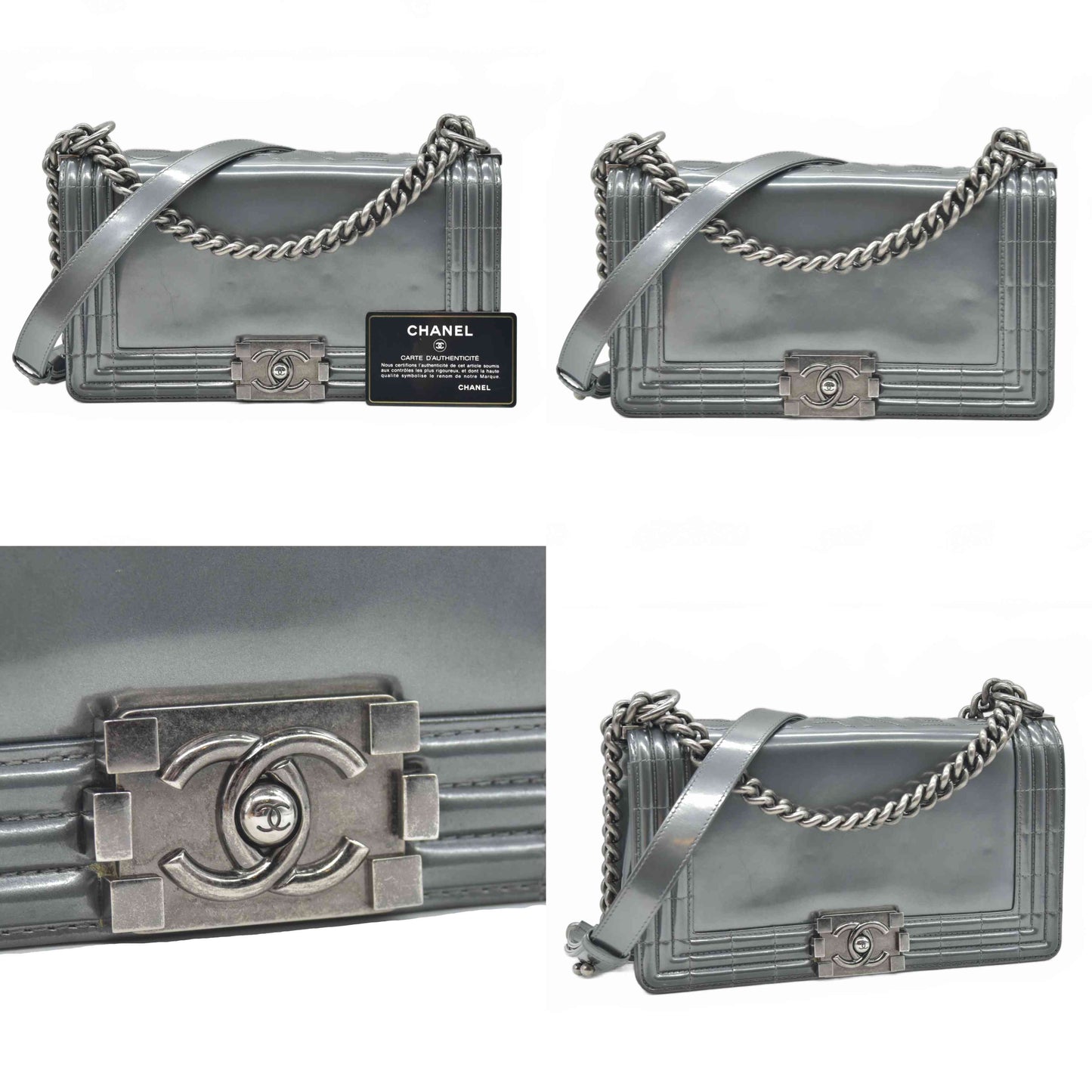 $4700 2012 Chanel Medium Boy Electric Silver Patent Leather Logo CC Flap