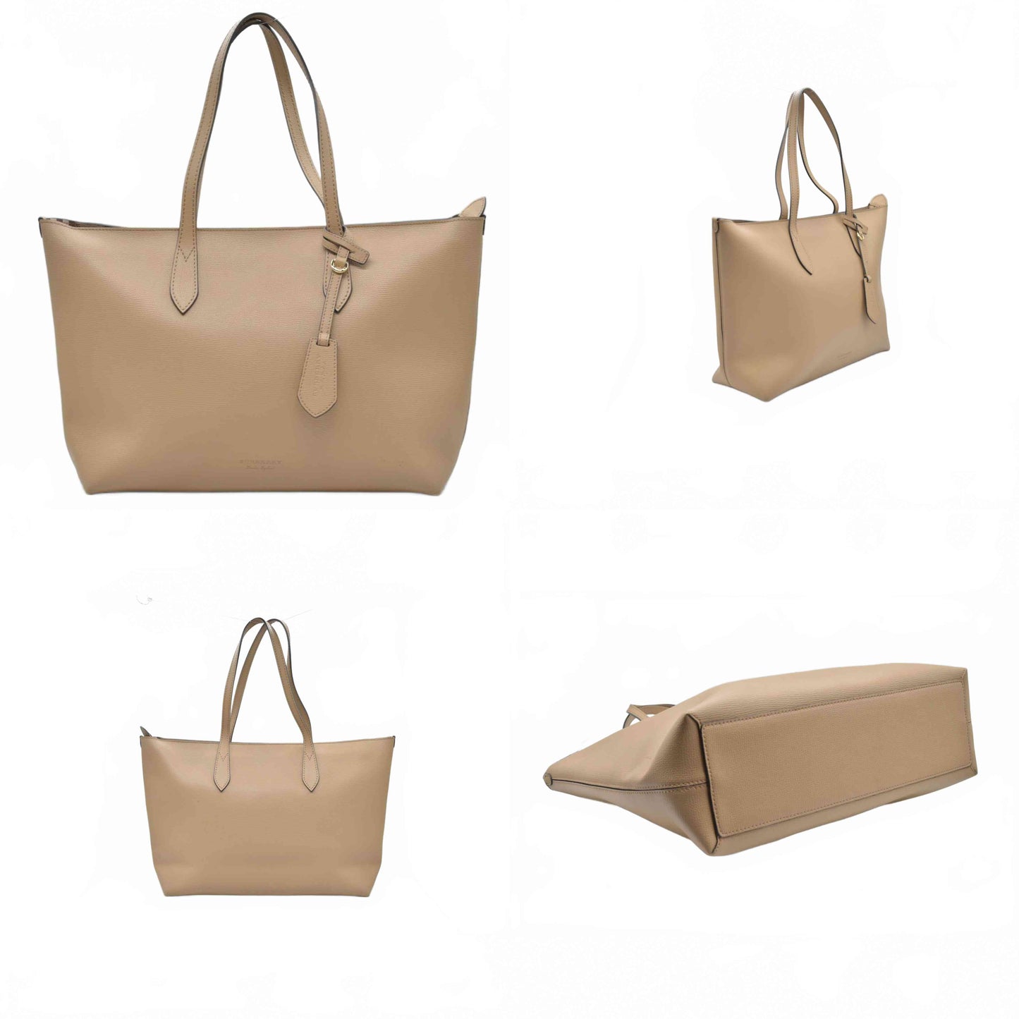 $1790 Burberry Grainy Calfskin Haymarket Check Medium Tote Mid Camel