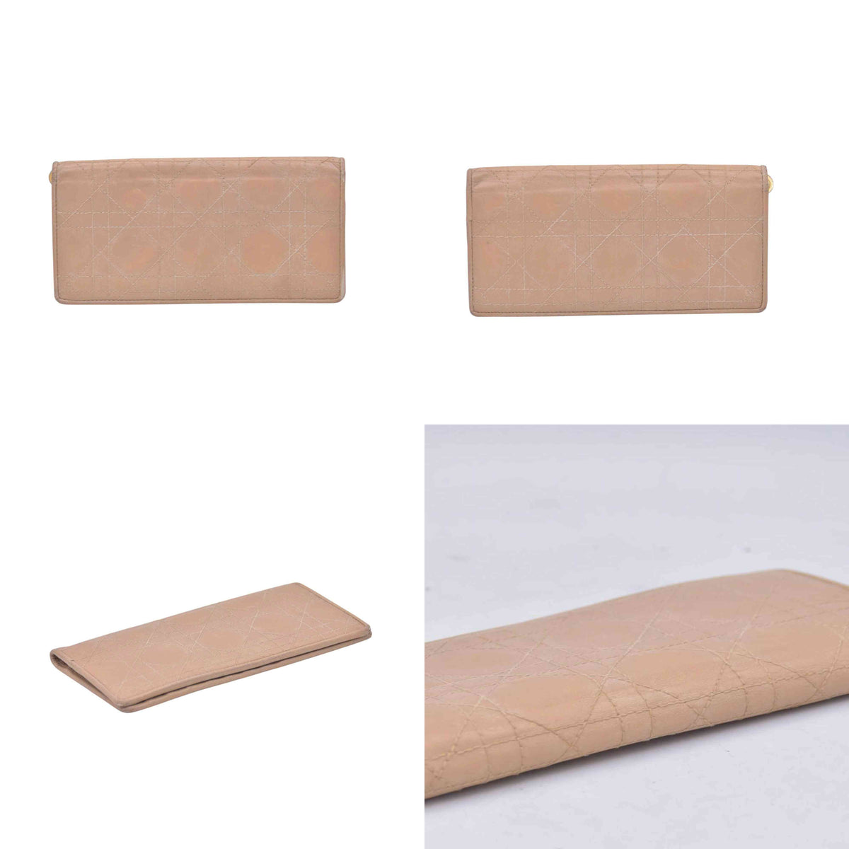 $720 CHRISTIAN DIOR Cannage Lambskin Bifold Long Wallet Beige CONSIGNMENT 10021230