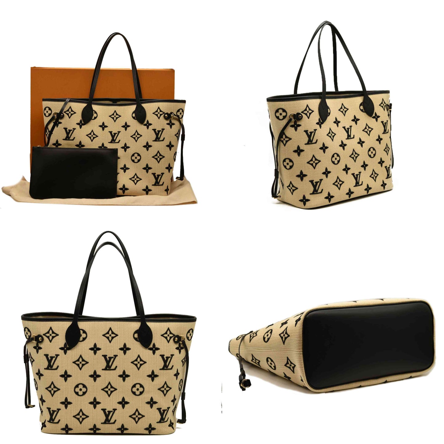 LOUIS VUITTON  Cotton Monogram Embroidered Neverfull MM Beige Black RFID