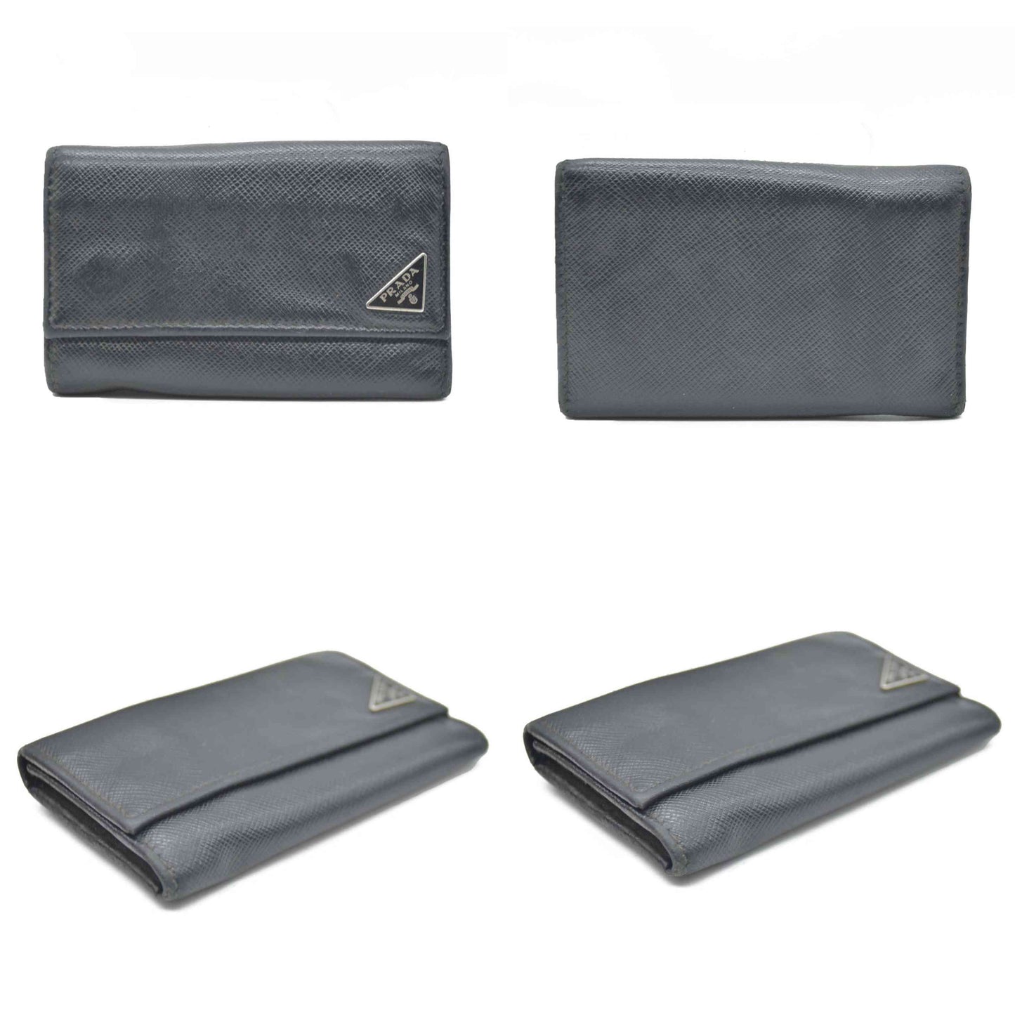 PRADA Logo Plate Saffiano Leather 6 Ring Key Case Black