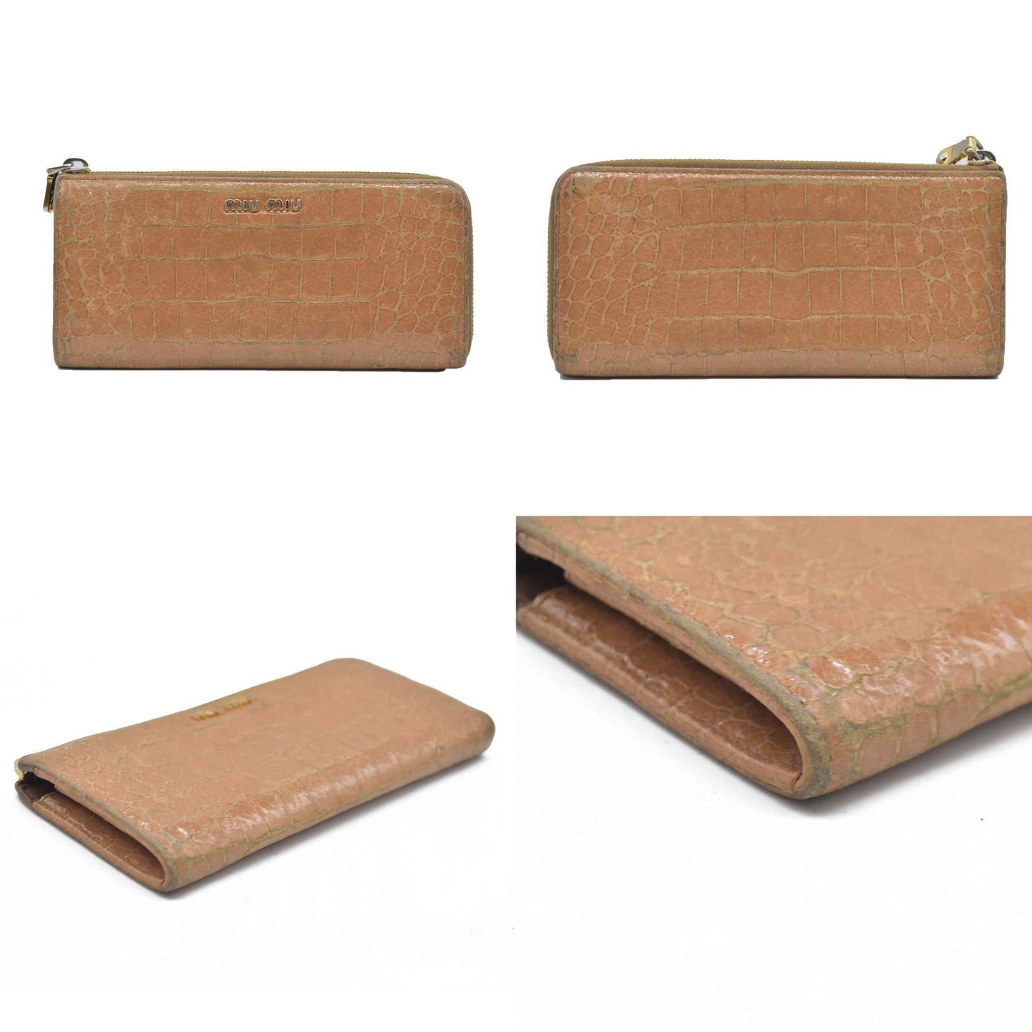 AUCTION $995 MIU MIU Logo Embossed Leather Zippy Long Wallet Beige