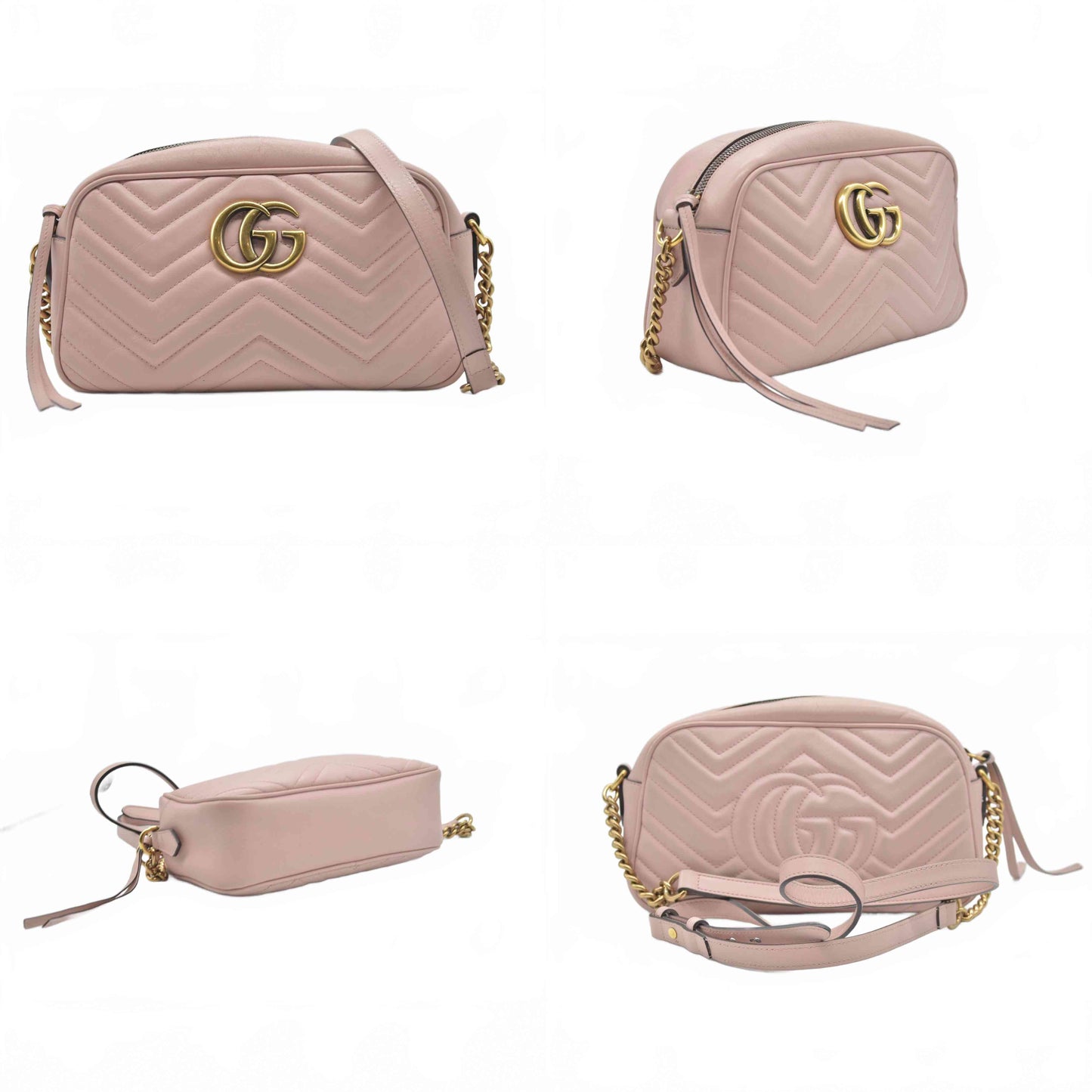 $1950 Gucci Calfskin Matelasse Small GG Marmont Chain Shoulder Bag Perfect Pink