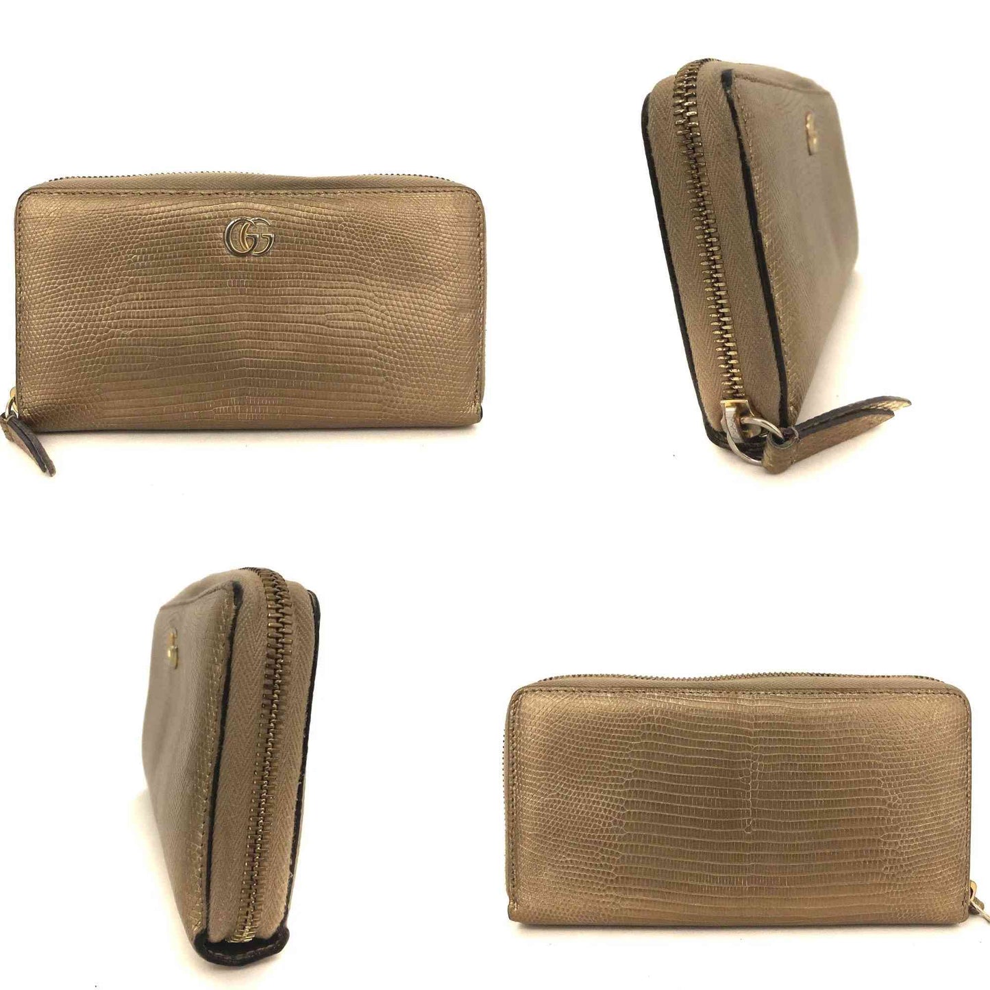 $830 Gucci GG Marmont Snake-Effect Leather Zip Around Wallet Gold CONSIGNMENT