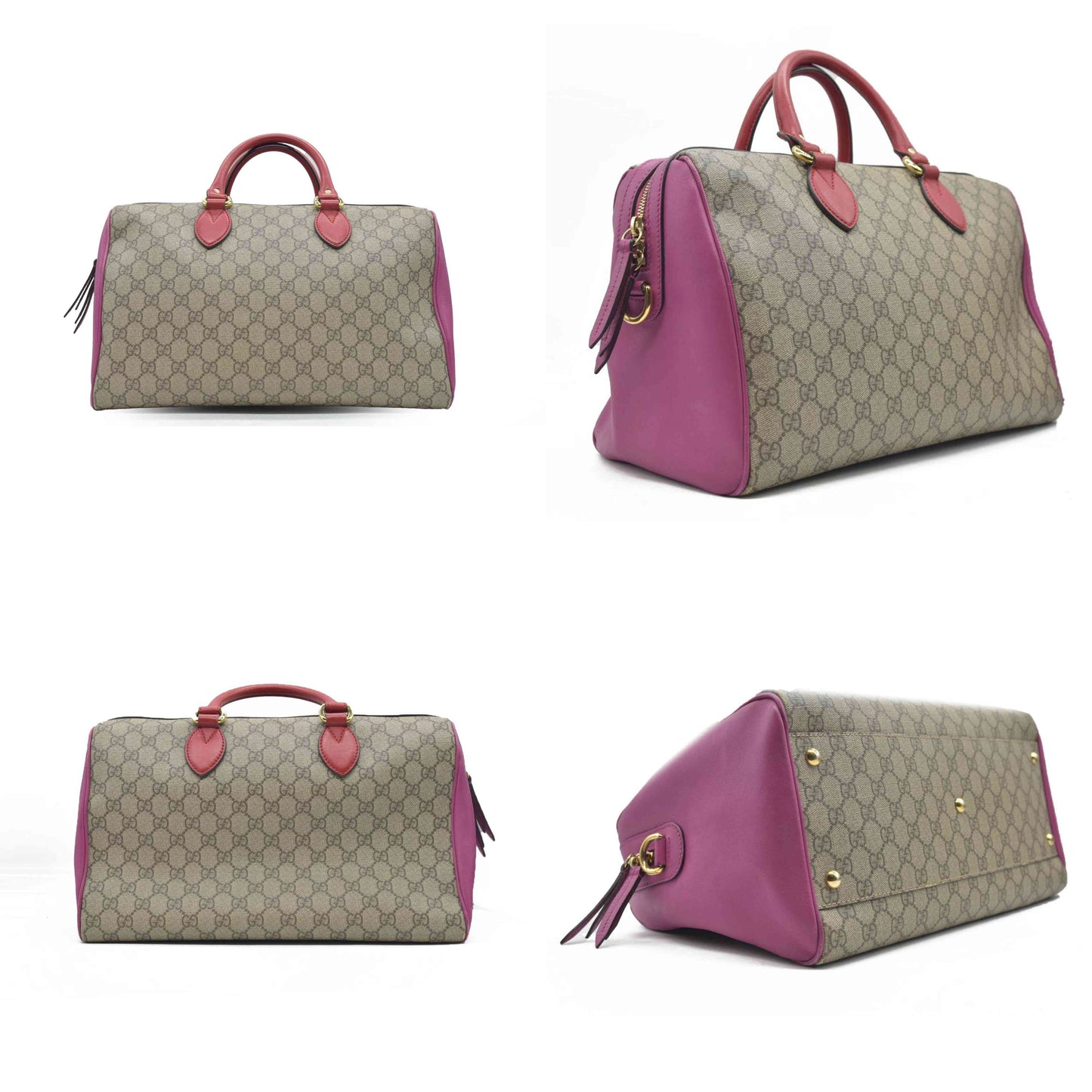 $2980 Gucci GG Supreme Monogram Moon Calfskin Small Boston Beige Ebony Hibiscus Red New Rosette
