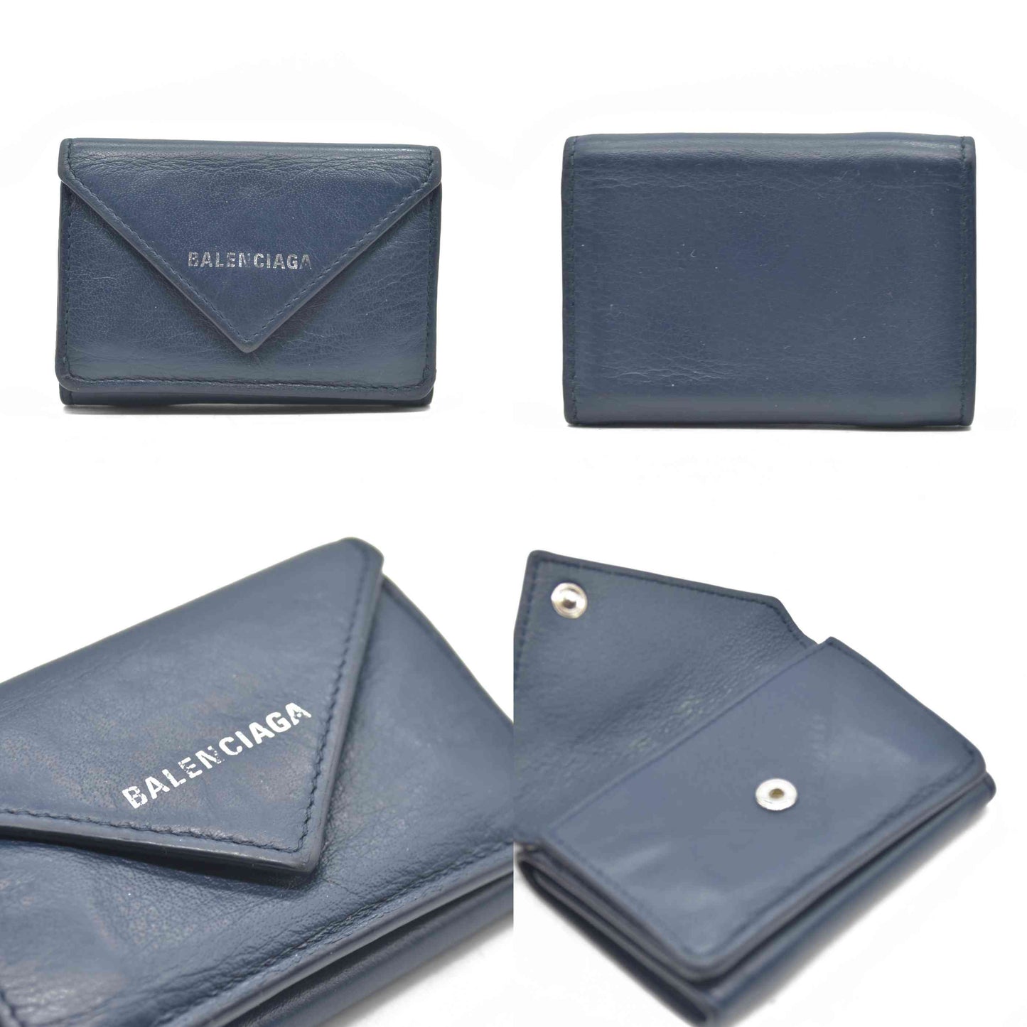 $530 BALENCIAGA Everyday Mini Papier Leather Trifold Wallet Blue