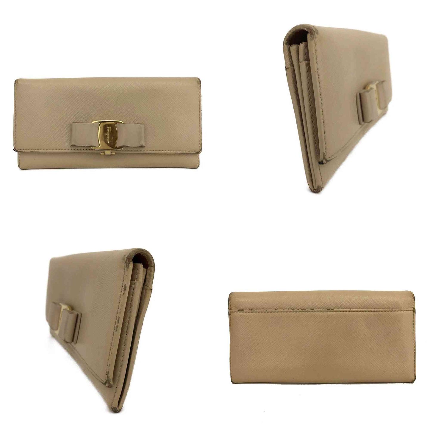 Salvatore Ferragamo Vara Ribbon Leather Long Bifold Wallet Beige