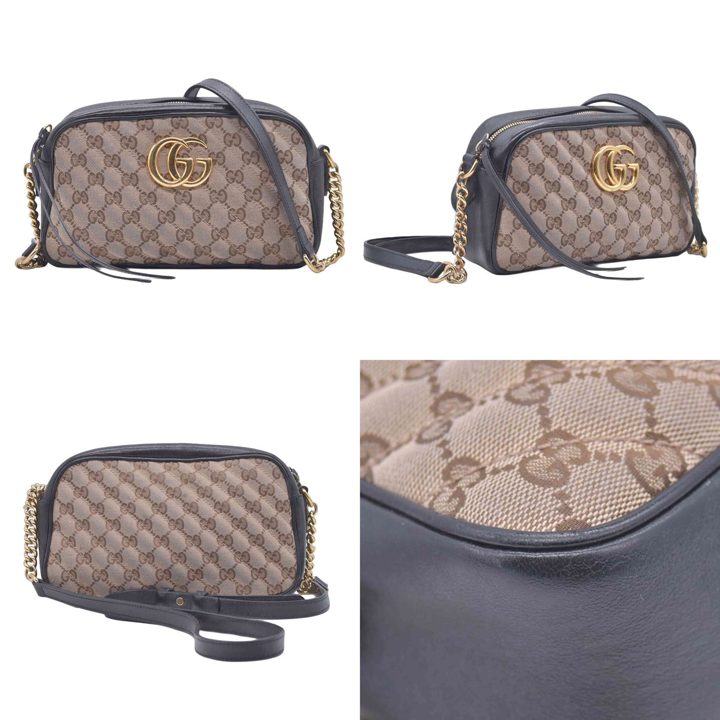 $2050 Gucci Monogram Matelasse Diagonal Small GG Marmont Chain Shoulder Bag Beige Black