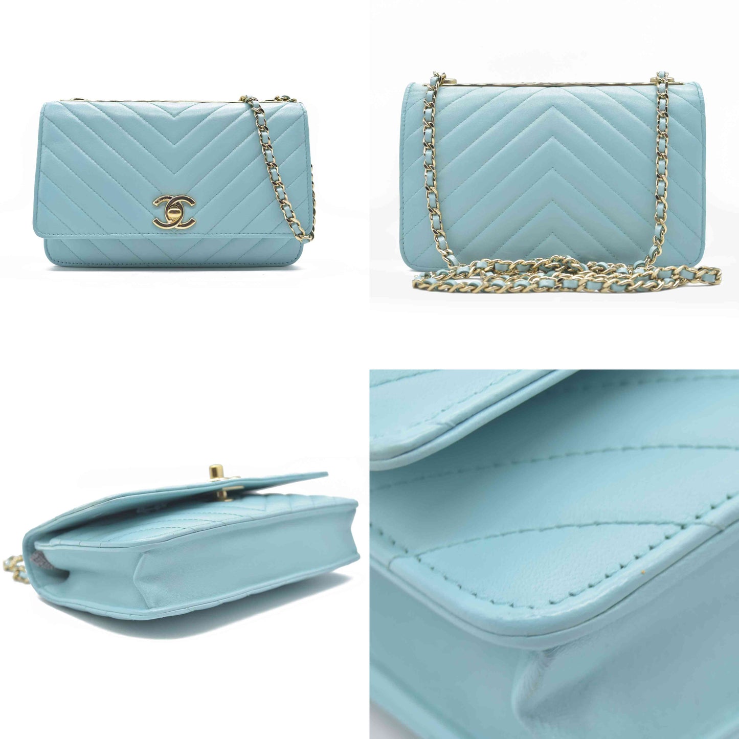 $3800 Chanel Trendy Chevron Wallet On A Chain Quilted Front Flap Turquoise 2019