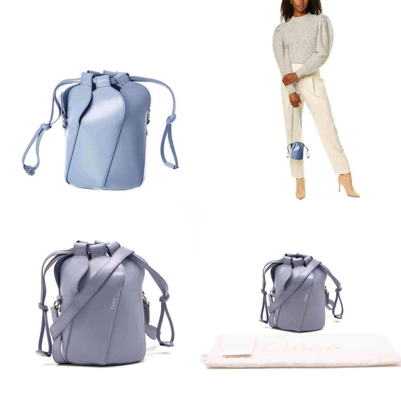 $1590 Chloe Bucket Tulip Small Cross Body Blue Leather Shoulder Bag