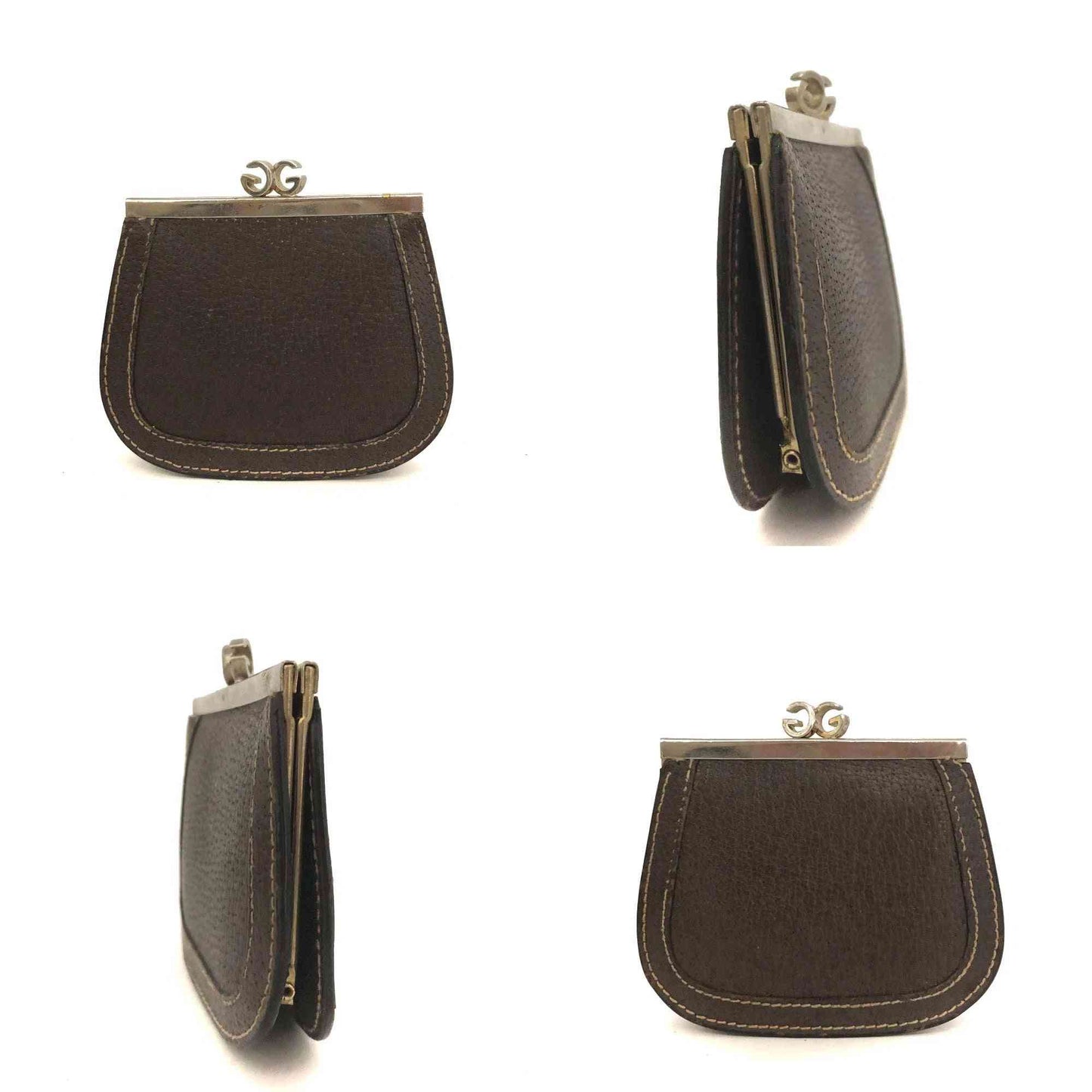 $290 Vintage Gucci GG Kisslock Coin Pouch Leather Brown