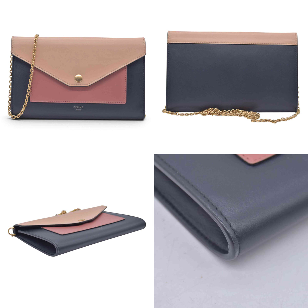 $1200 CELINE Smooth Calfskin Tri-Color Envelope Flap Wallet on Chain Navy Beige Pink CONSIGNMENT 10021559