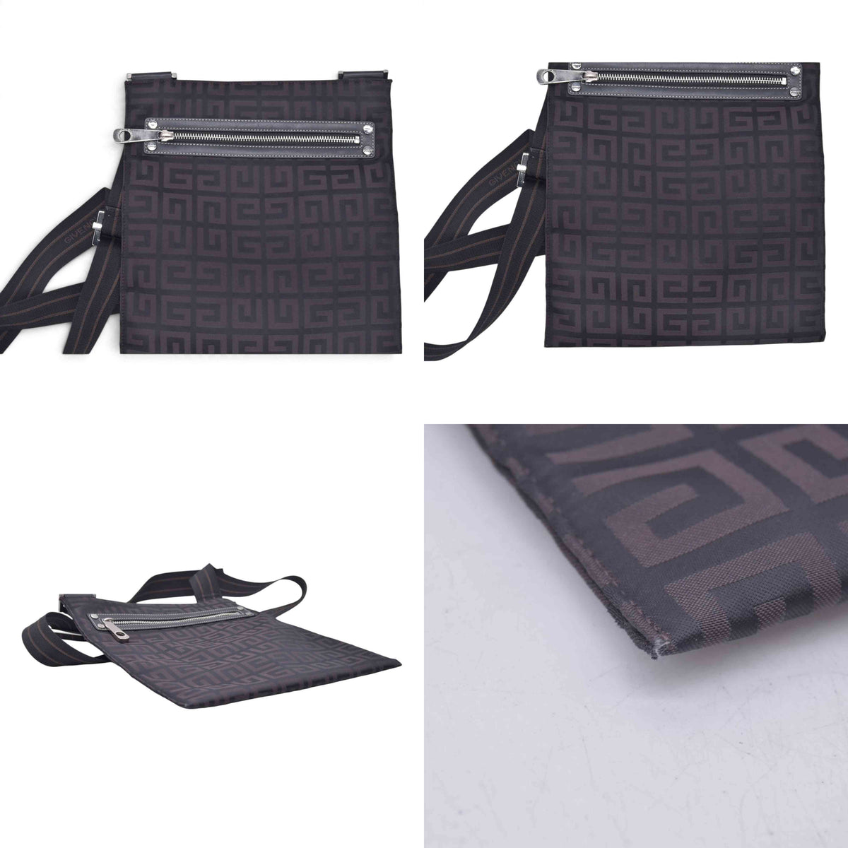 $750 GIVENCHY 4G Logo Jacquard Zip Front Flat Crossbody Bag Dark Brown CONSIGNMENT 10021200
