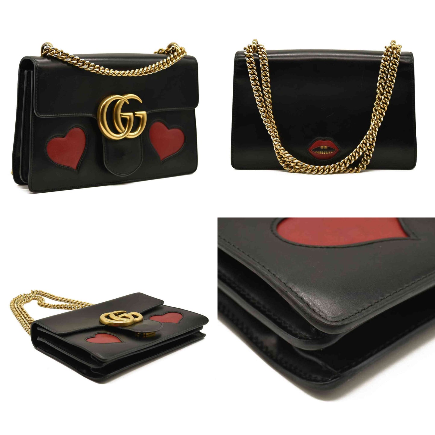 Gucci  Knight Calfskin Malaga Kid Heart Medium GG Marmont Chain Handle Bag Black Hibiscus Red Multicolor