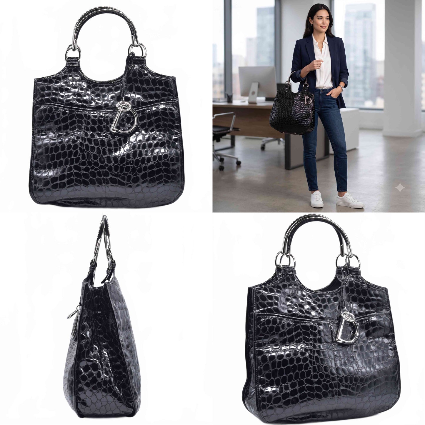 $1850 Christian Dior Patent Leather Croc-Embossed 61 Tote Vintage CONSIGNMENT