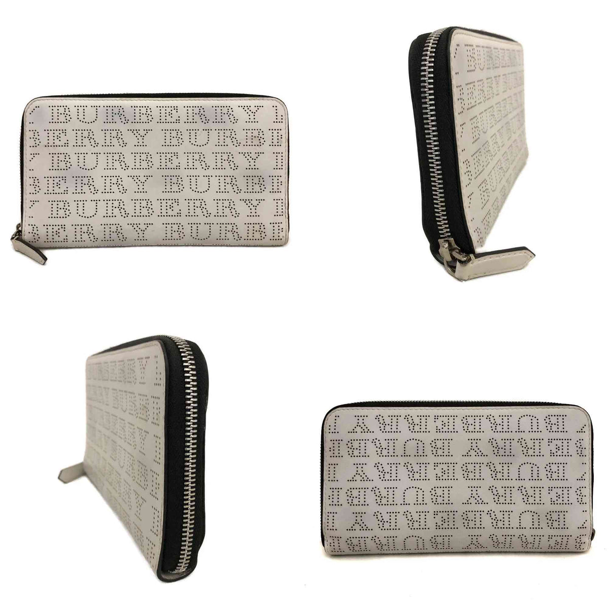 $598 BURBERRY Logo Perforated Leather Zip Around Long Wallet White