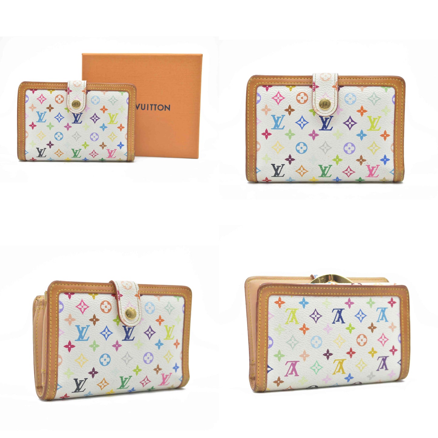 $735 Louis Vuitton Monogram Multicolor French Purse Wallet White TH0036 2006