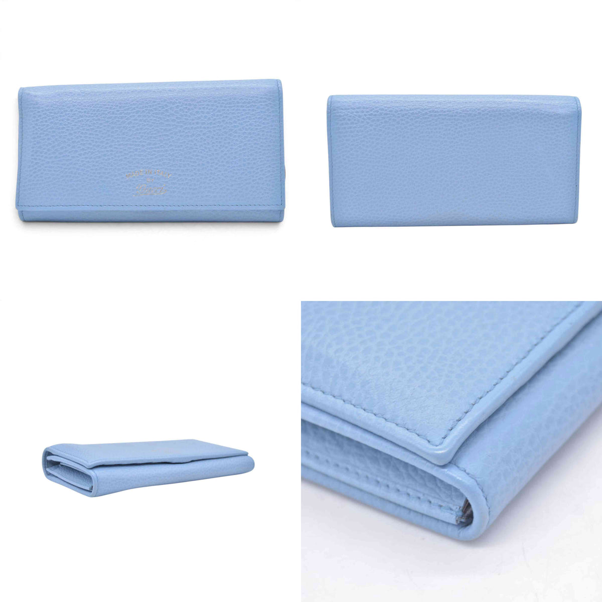 $660 GUCCI Light Blue Pebbled Swing Leather Flap Long Wallet CONSIGNMENT 10021436
