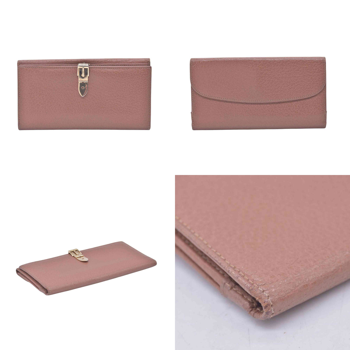 $620 GUCCI Grainy Calfskin Belt Buckle Long Wallet Brown CONSIGNMENT 10021235