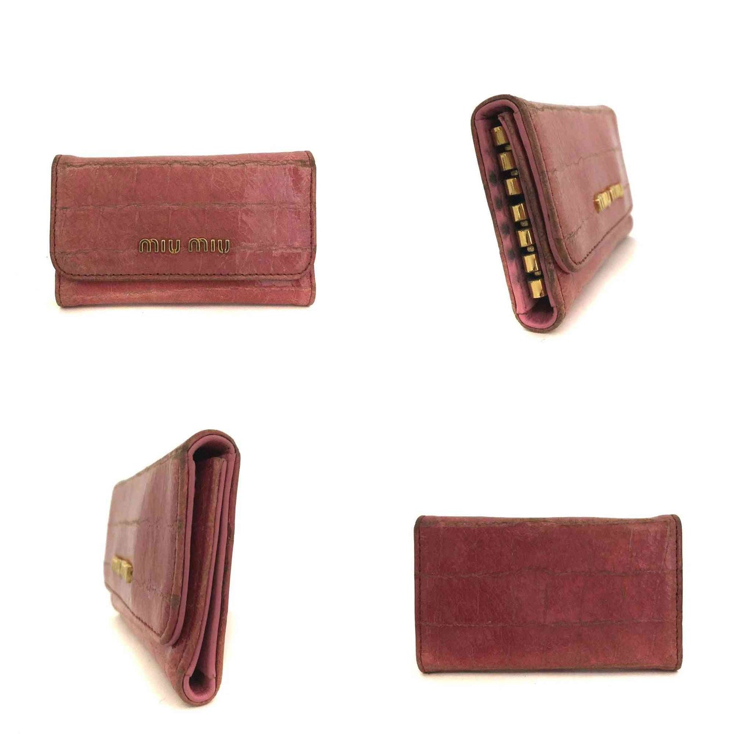 MIU MIU Logo Embossed Leather 6 Ring Key Case Pink