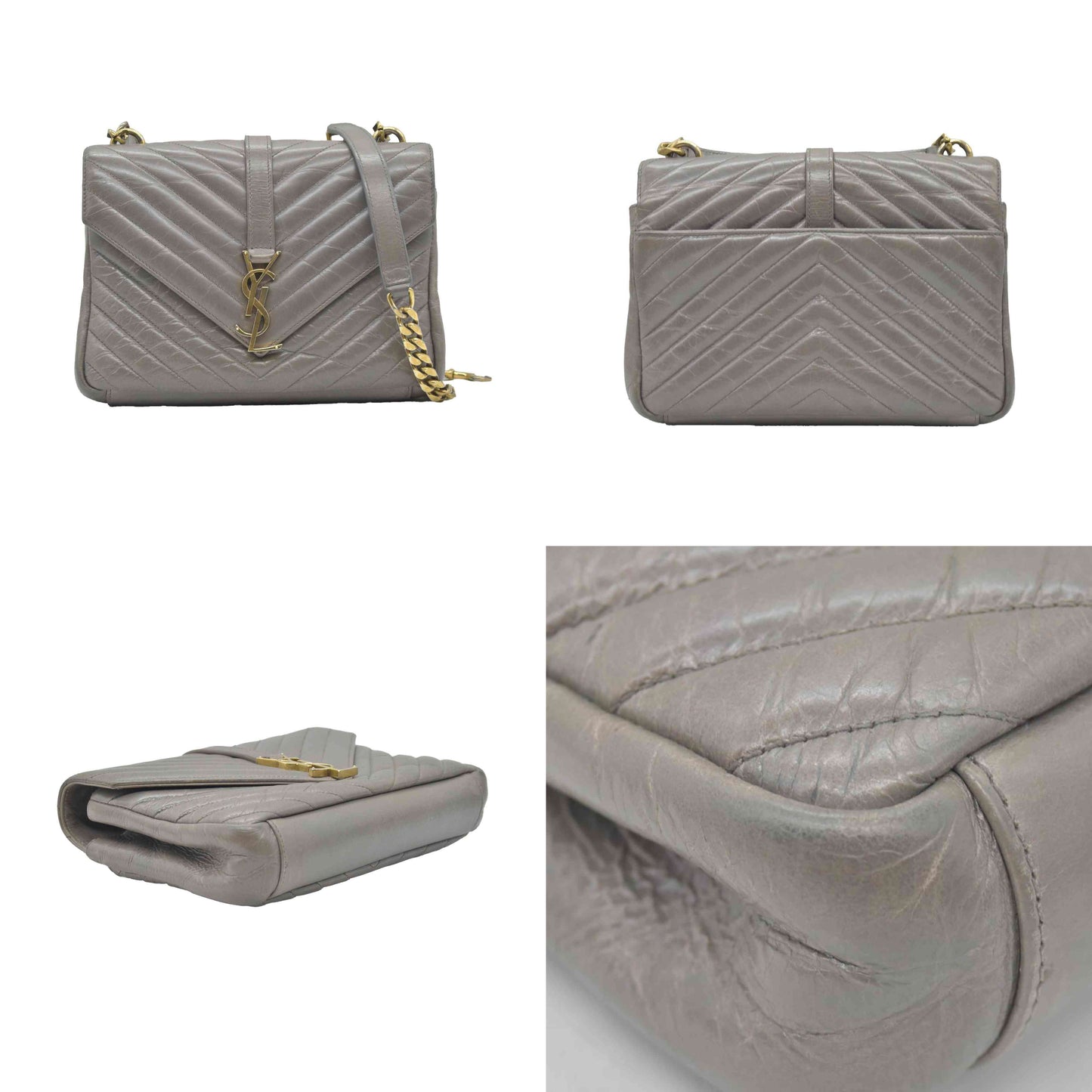 Saint Laurent Waxed Calfskin Matelasse Chevron Medium Monogram College Bag Fog Gray
