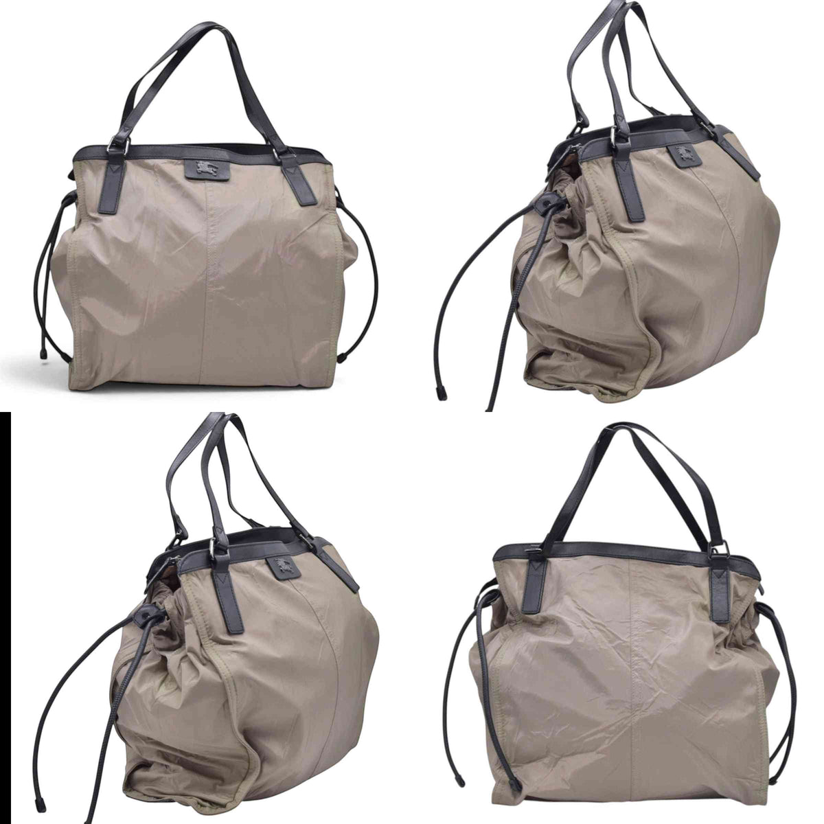 $1050 BURBERRY Nylon & Leather Drawstring Knight Emblem Tote Bag Beige Dark Brown CONSIGNMENT 10021354