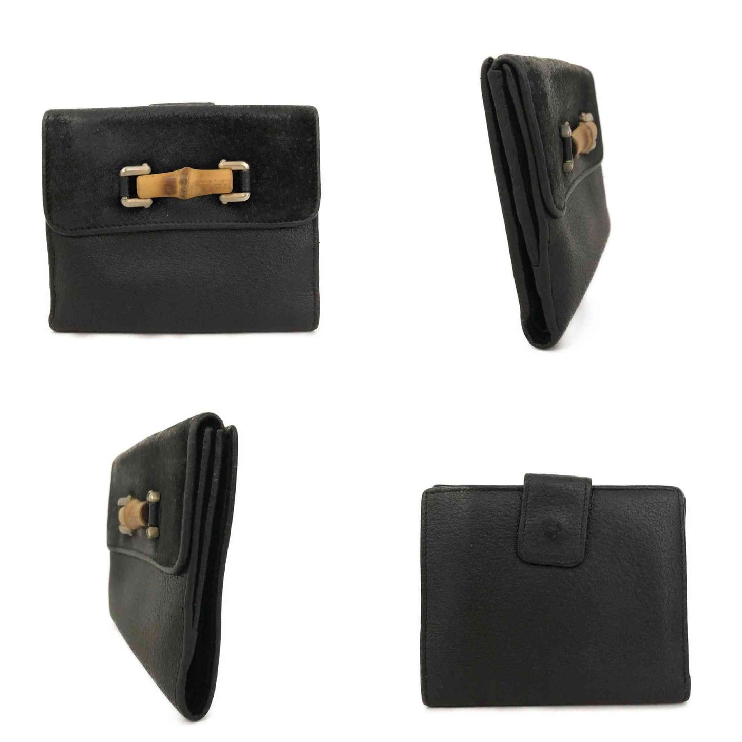 GUCCI Bamboo Leather Bifold Wallet Purse Black