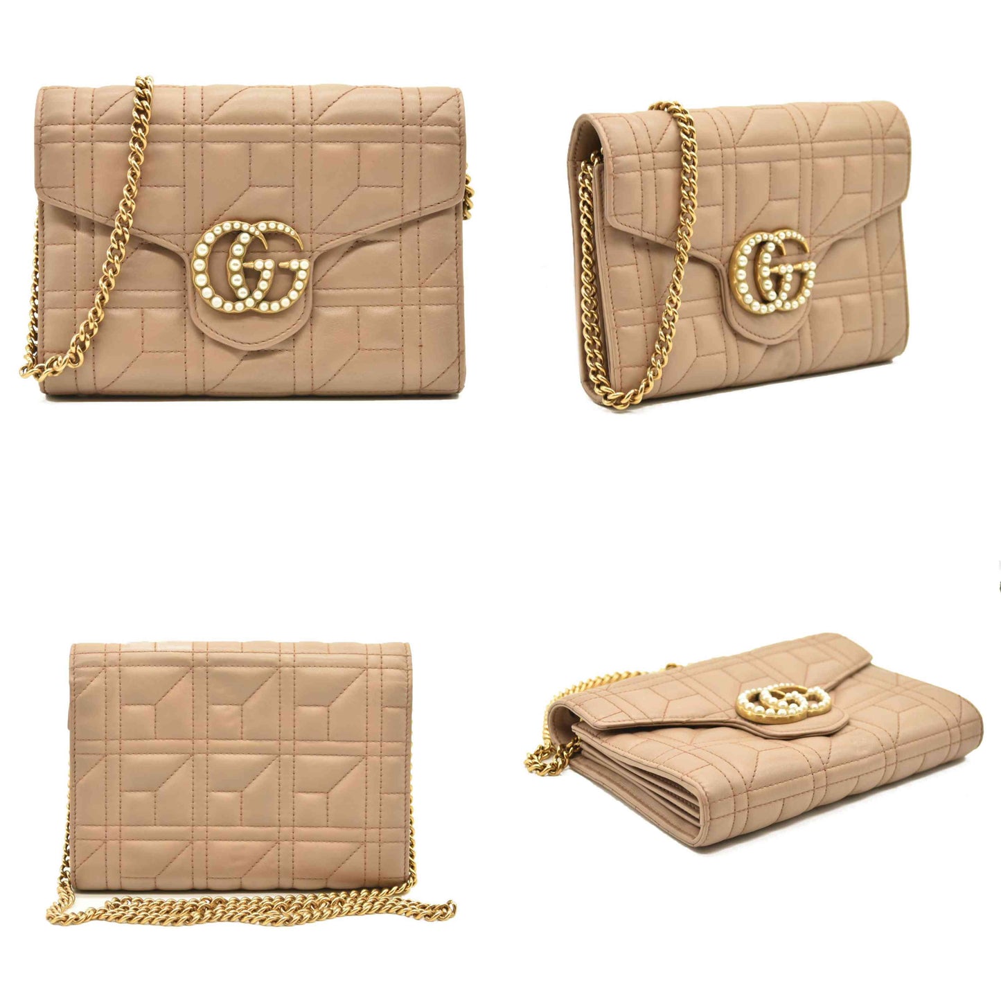 Gucci  Calfskin Matelasse Mini Pearly GG Marmont Chain Wallet Beige