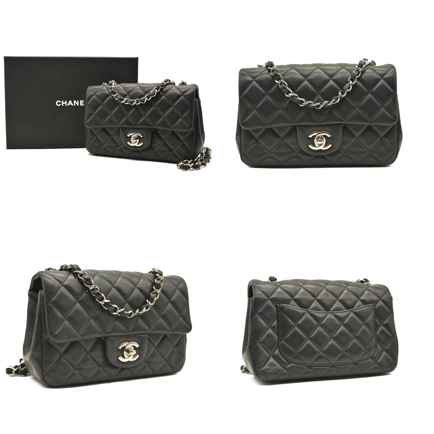 CHANEL Lambskin Quilted Mini Rectangular Flap Black  28******