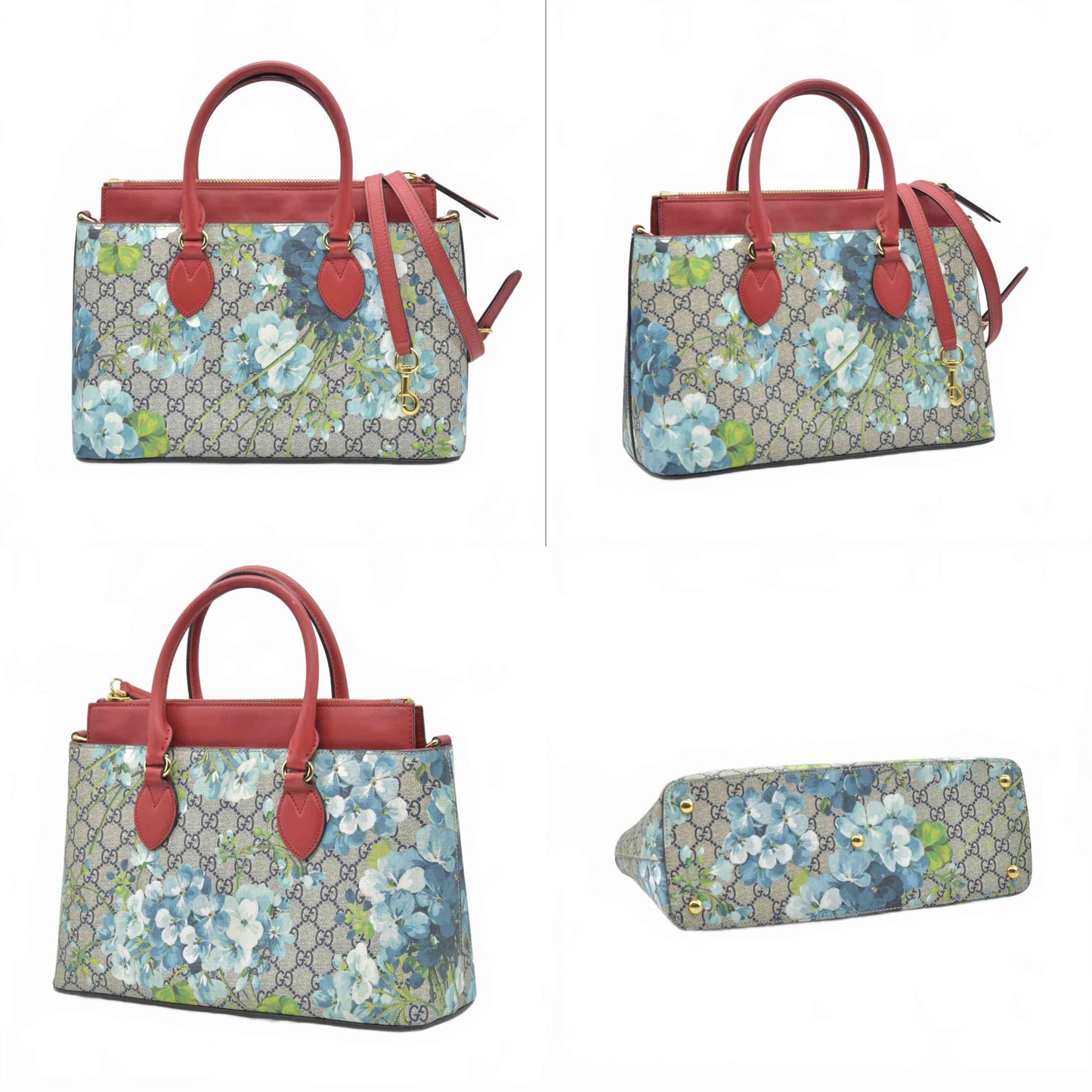 GUCCI GG Supreme Monogram Blooms Medium Zip Top Tote Beige Blue Navy Hibiscus Red CONSIGNMENT